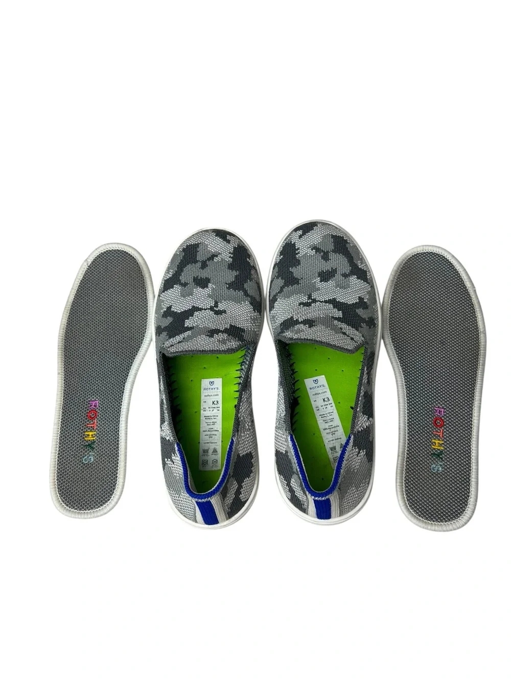 Rothy’s Kids Size 3 Gray Camo Knit Round Toe Slip On Knit Sneaker
